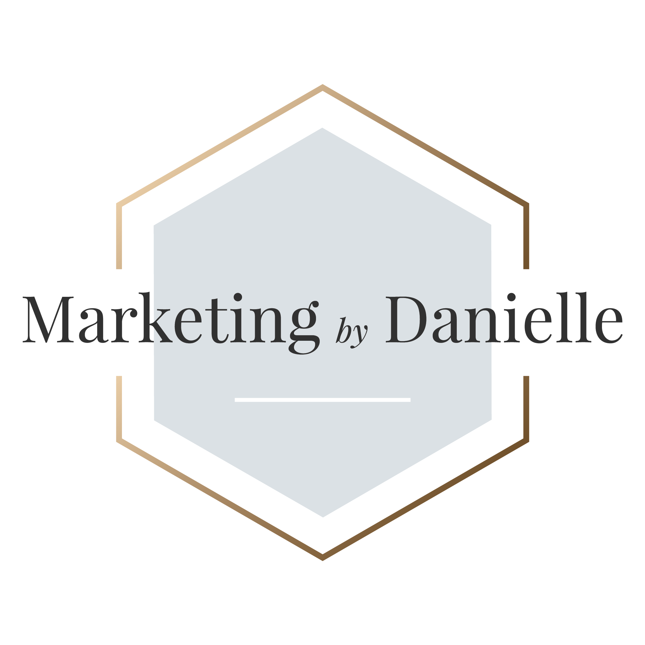 Marketing by Danielle logo a gold hexagon outline